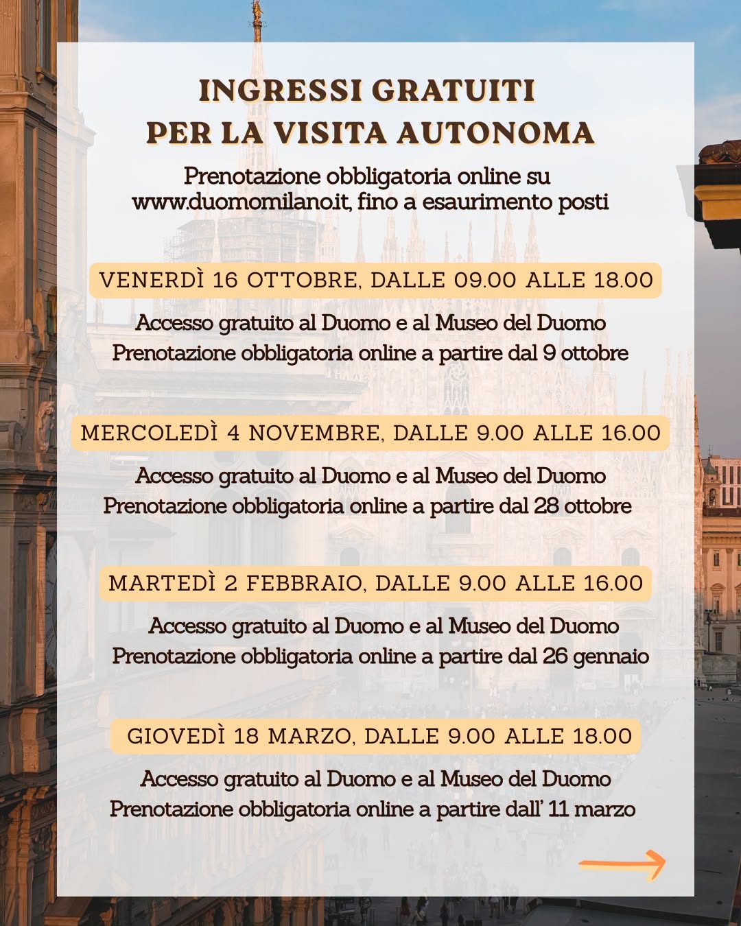 vé tham quan miễn phí nhà thờ Duomo di Milano (Ý)